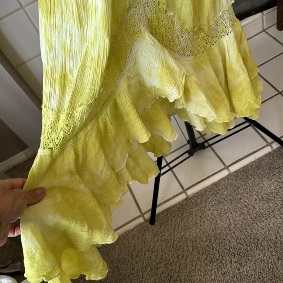 lime green tie dye style Womens Hi Lo Maxi skirt Ruffle Hem drawstring Boho Med - Picture 4 of 6